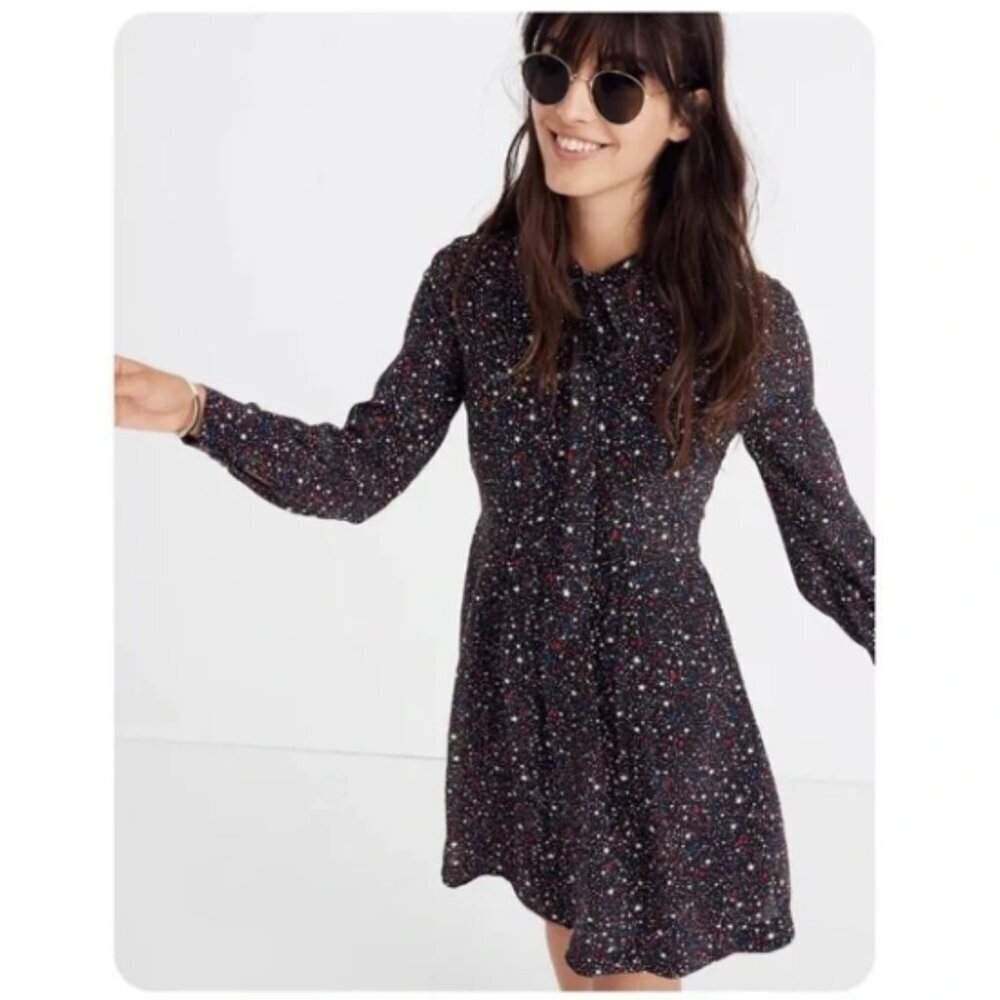 Madewell Balsam Tie-Neck Dress in Starry Night Black Silk Tie Neck Sz  12